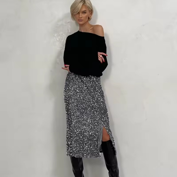 Silver Sequin Skirt Women Elegant Vintage Punk Evening Dress Slit Sexy - Picture 3 of 6